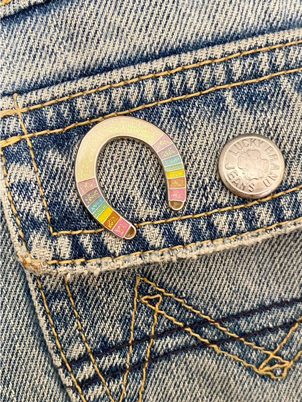 Marley&Alfie pastel rainbow pin w/ glitter Horseshoe Pin - made in California